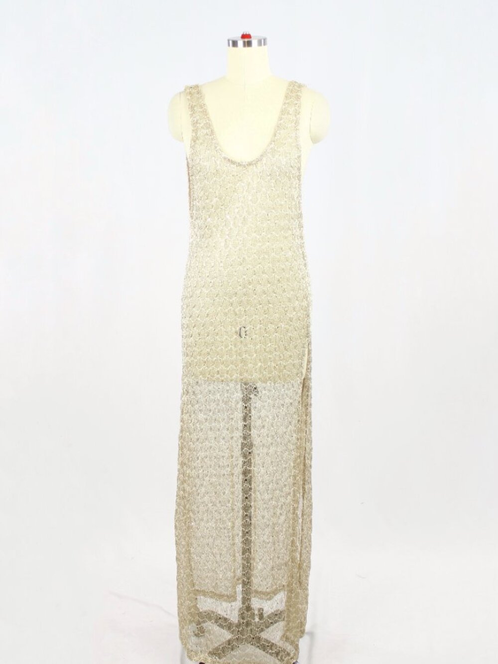ASOS SWIM Gold Metallic Sequin Embellished Open Knit U-Neck Maxi Dress, Size 10